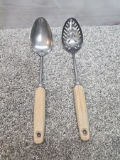 VINTAGE Ekco Eterna Stainless Steel Wooden Handle Slotted Straining Spoon Set