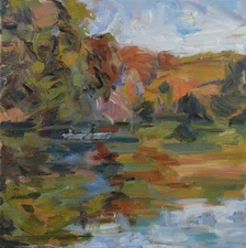 Art Original Oil Painting by RM Mortensen "Boating" Lake River Fall Trees