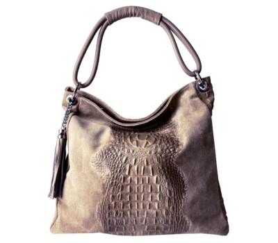 MADE IN ITALY LARGE ITALIAN CALF LEATHER & SUEDE SHOULDER BAG - CROCO-EMBOSSED