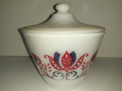 Fire King White Modern Tulips Splashproof Drippings / Grease Jar / Bowl With Lid