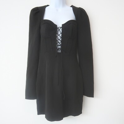 PrettyLittleThing Corset Mini Dress Size 0 Black Goth Witchy Long Sleeve
