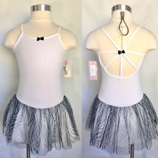 Basic Moves Girls Zebra Skirted Leotard Tutu Dress, White  Black, Size 6-7, NWD