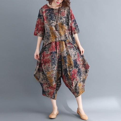 2X Women T-shirt Pants Set Ethnic Suit 