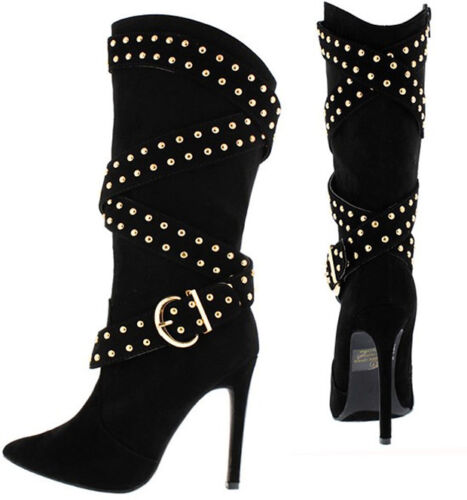 Black Gold Studded Strappy Knee High Stiletto Heel Boots, US 6 -11 - Picture 1 of 4