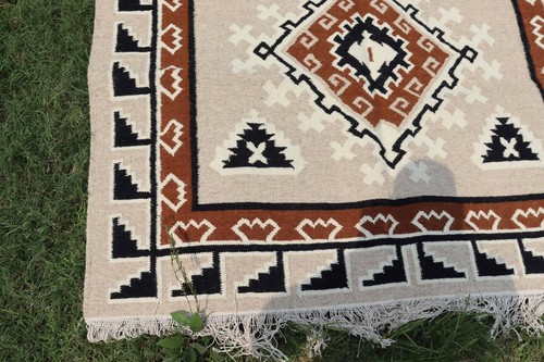 Large Wool Kilim Navajo Southwestern Bohemian Brown Beige Rug 5'x8' Handmade Rug - Picture 11 of 12