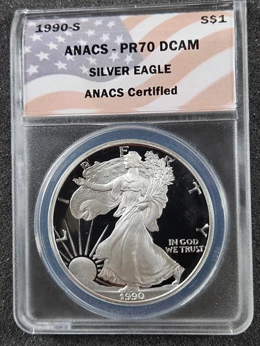 🌟 1990-S American Eagle 1 oz .999 Silver Proof Coin ANACS PR70 DCAM Flag Label