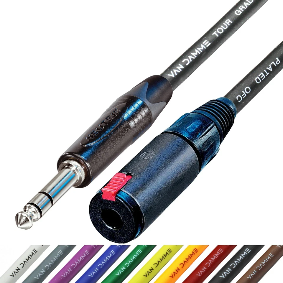 Headphone Extension Cable IEM Stereo Neutrik 1/4" TRS Black Jack Female Locking