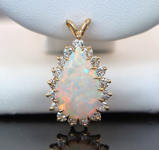 14k Yellow Gold GIA Cabochon Pear Shape Natural Opal Diamond Pendant Enhancer