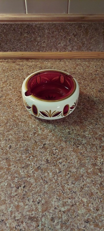 Vtg Czech Bohemian Cut to Clear Heavy Crystal Cranberry Ruby Milk glass Ashtray