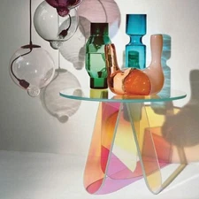 Acrylic Rainbow Color Coffee Table, Iridescent Glass End Table Round Side Table 