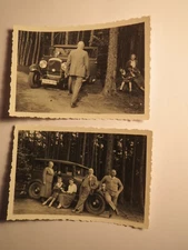 Excursion by car - vintage Pange? Men & Women in the Forest / 2x Photo