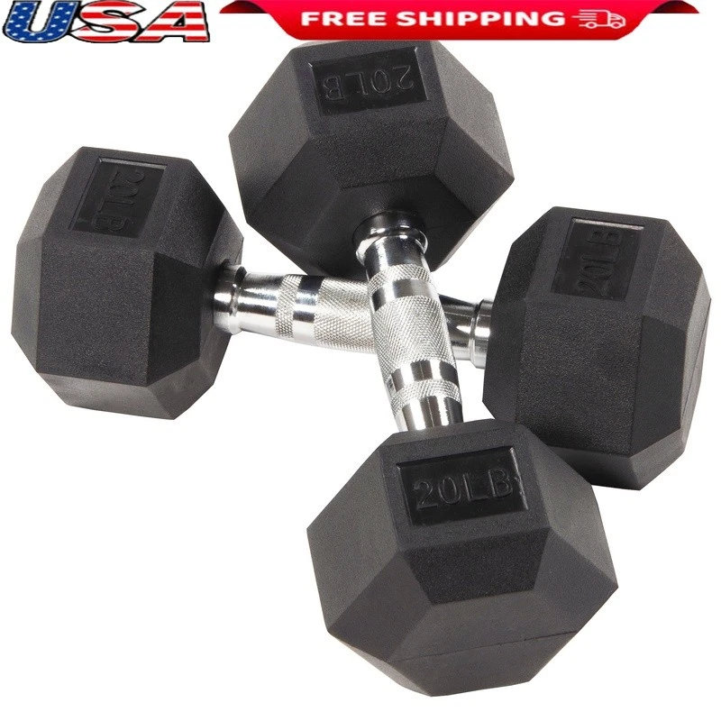 Rubber Hex Dumbbells Pair Non-Slip Grip Total Body Strength Training 5-50lbs New