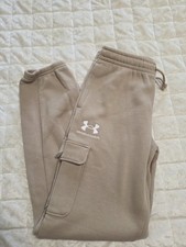 Under Armour Boys YLG Beige Cargo Fleece Pants Tapered Leg Elastic Waist Pockets