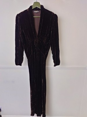 Nancy Mac 40s Style Sable Midi Dress Chocolate Brown Silk Velvet Size 3 UK 14