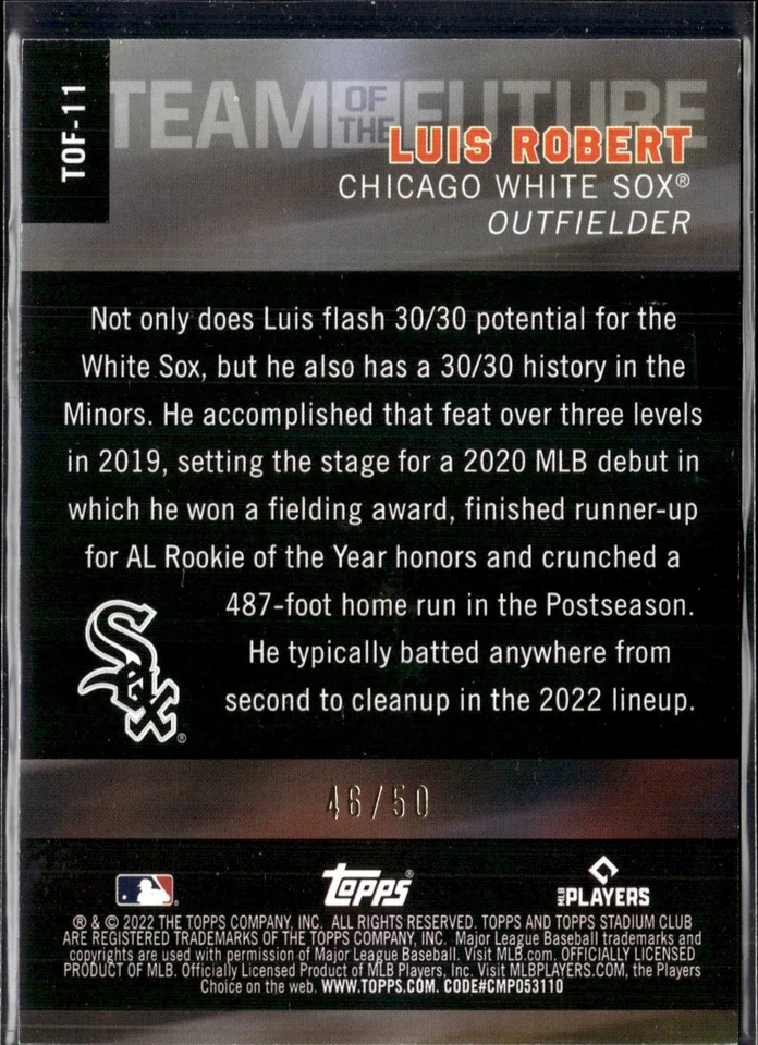 LUIS ROBERT 2022 Topps Stadium Club Team of the Future #TOF-11 Chicago White Sox - Image 2 of 2
