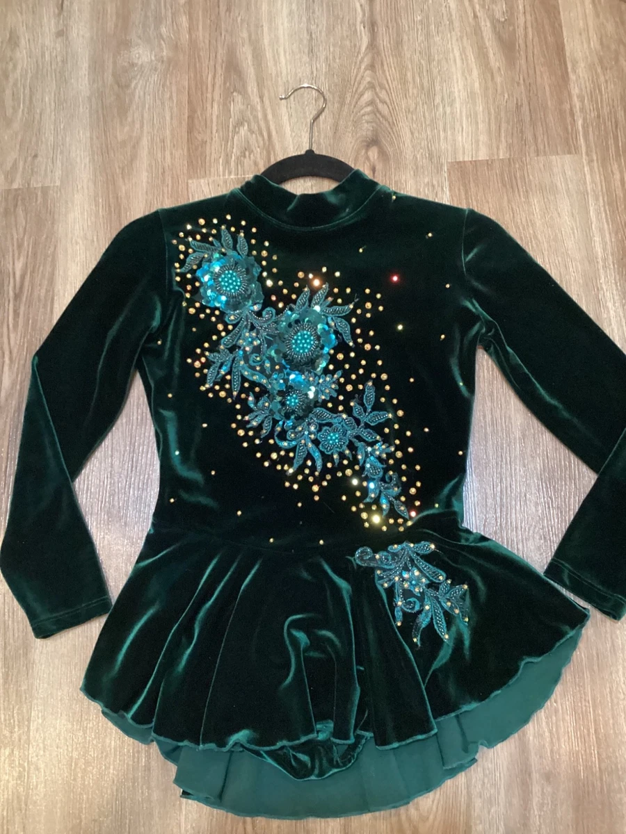 Navy Black Velvet Ice Skating Competition Dress – Teal Sequin Confetti Dot – Long Sleeve Boat Neck – Girls Handmade