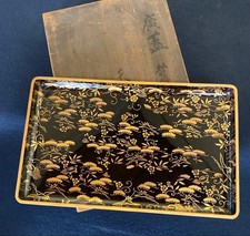 Japanese Lacquer Tray Maki-e Shochikubai Crane Turtle Hirobon Wooden Box *1.