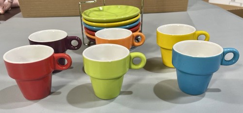 Pier 1 One Demitasse Espresso Kaffee 6 Tassen Untertassen Regenbogen gestapelt im Ständer Set - Bild 5 von 11