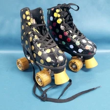 Girls Boys Youth RD Roller Derby Adj. Black Gold Painted Polka Dot Skates S 12-2