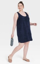 Womens Terry Tank Dress Size 3X A New Day - Navy Blue Plus Size Swim Coverup NWT