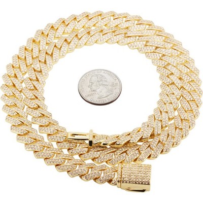 14k Yellow Gold Plated CZ 12mm Cuban Link Chain Necklace