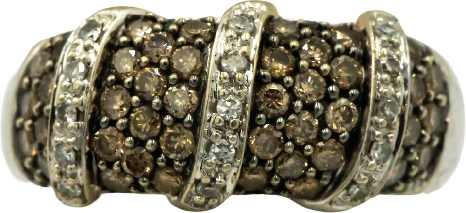 Anillo con racimo de diamantes blancos y marrones de 0,75 quilates de oro blanco de 14 k talla 7