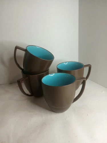 Waechtersbach Duo Mugs Set Of 4 Brown/Azure Coffee Cups Germany Clean Classic 