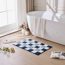 Navy Blue 32x20 Inch Checkered Bath Mat NonSlip Washable Microfiber Rug