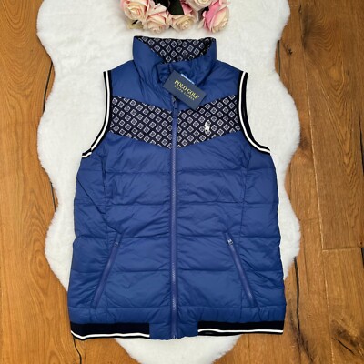 Polo Golf Ralph Lauren Daunen-Wendeweste blau lila Wappenverzierung S Small