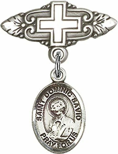 Sterling Silver Baby Badge Cross Pin with Saint Dominic Savio Charm, 3/4 Inch