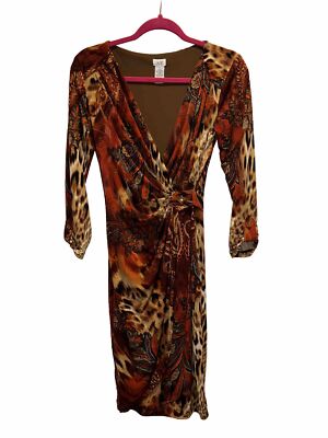   Cache Faux Wrap Burgandy Gold Tone Animal Print Dress Size S Poly Spandex