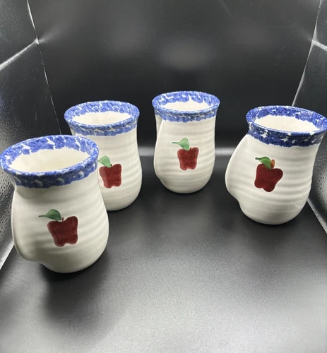 Neher Pottery right Handed Hand Warmer Apple Mugs Signed USA 2004 Set of 4