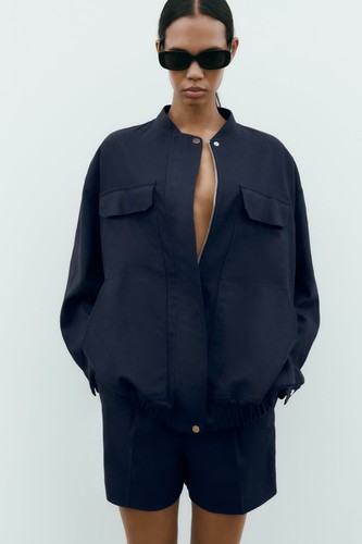 ZARA NAVY BLUE OVERSIZED LINEN BLEND LONGLINE BOMBER JACKET SIZE L UK 12-14 - Picture 4 of 10