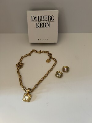  DYRBERG/KERN Gold Tone Pendant Necklace with Matching Clip-on Earrings