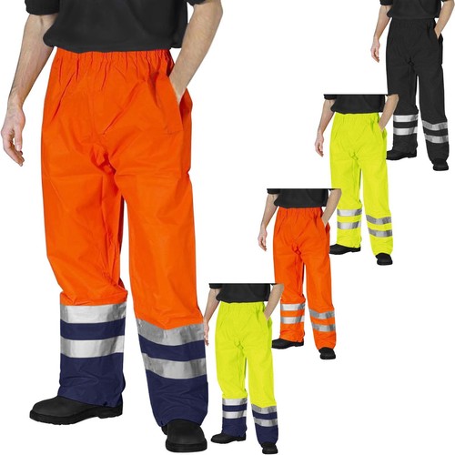 Hi-Viz Waterproof Rain Over Trousers – High Visibility Elasticated Pants For Men, Yellow Workwear