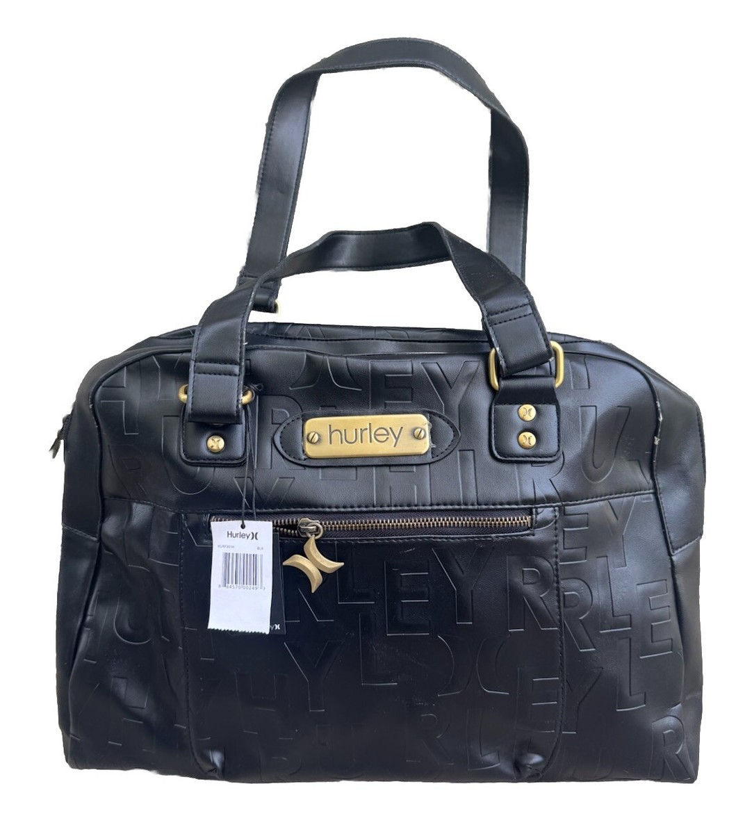 Vintage HURLEY Black Faux Leather DUFFLE Gym Travel BAG Tote