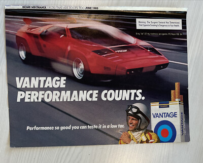 lamborghini cigarettes VANTAGE Cigarette 1985 Vintage Print Ad Poster Man Cave Car Lamborghini  Racing