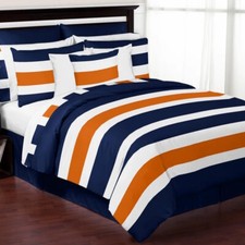 Orange Navy Blue White Rugby Striped 3 pc Comforter Sham Set Twin Full Queen Bed