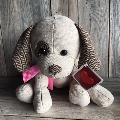 Walmart Brown Beige Puppy Plush Stuffed Animal 10” Pink Bow
