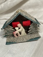 Vintage Glittered House With Angel  Deer Christmas Ornament / Japan