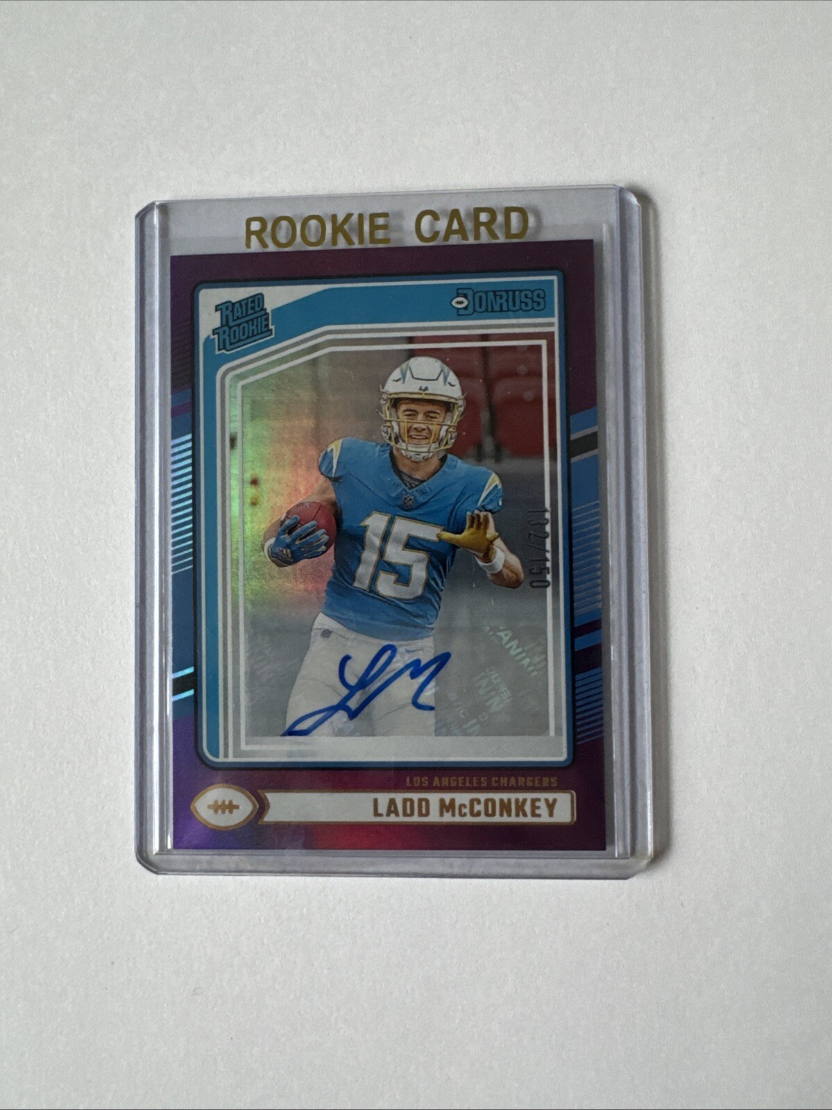 2024 Panini Donruss - Rated Rookie Purple #328 Ladd McConkey (RC) Auto /150