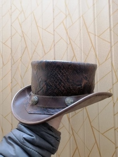 El Dorado Genuine Brown Leather Biker Top Hat Steampunk Style Leather Top Hat - Picture 9 of 15