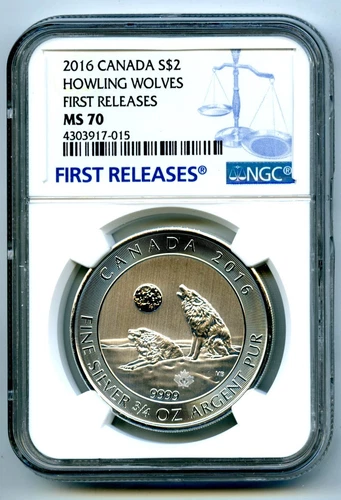 2016 $2 CANADA 3/4OZ .9999 SILVER NGC MS70 HOWLING WOLVES FIRST RELEASES POP=19