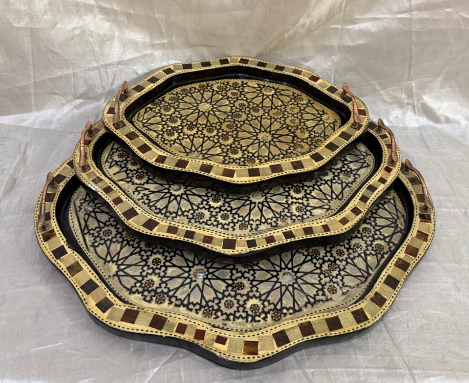 Set of 3 , Wooden Serving Tray, Serving Tray, Mother of Pearl Inlay, Home decor - Image 2 of 4