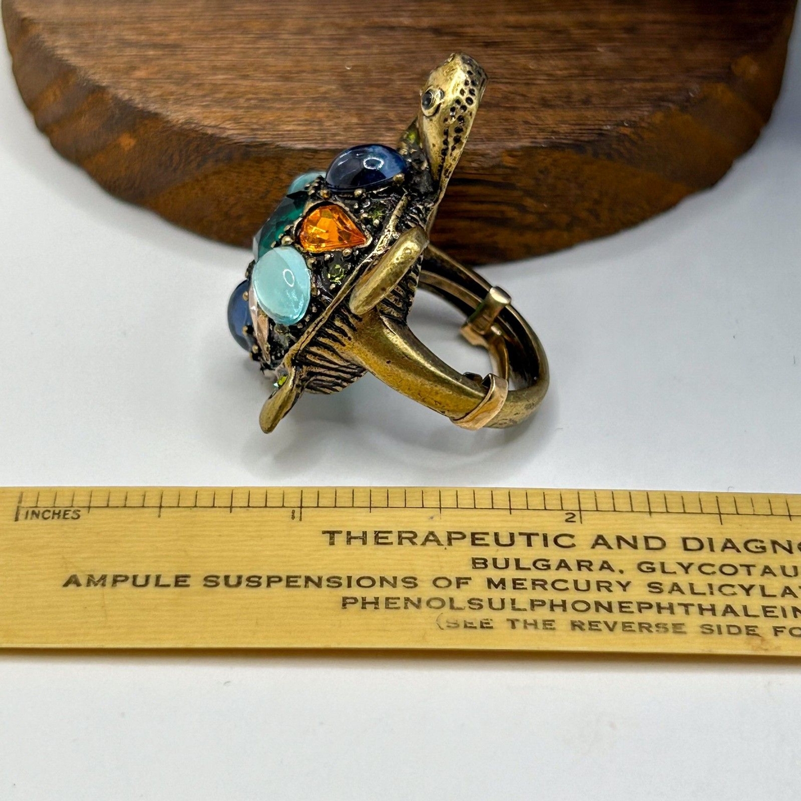 Brass Tone Turtle Ring Multicolored Cabochons Gre… - image 6