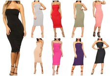 Womens Long Boob Tube Strapless Stretch Bodycon Ladies Pencil Midi Dress Party