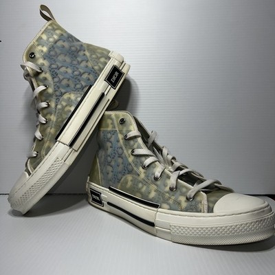 Dior Men s High-Top Lace-Up Sneakers White Beige Blue Logo Print