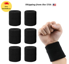 6 Pack Sports Wristbands Cotton Sweat Wrist Bands for Gym Running Basketball Bla