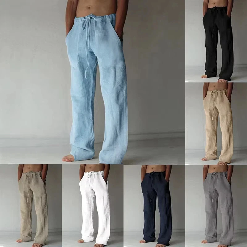 Mens Linen Cotton Loose Casual Pants Drawstring Waist Lounge Beach Baggy Trouser
