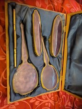 Vtg 1940 Art Deco Blue Guilloche Enamel Vanity Set Mirror Hair Clothes Brush 5pc